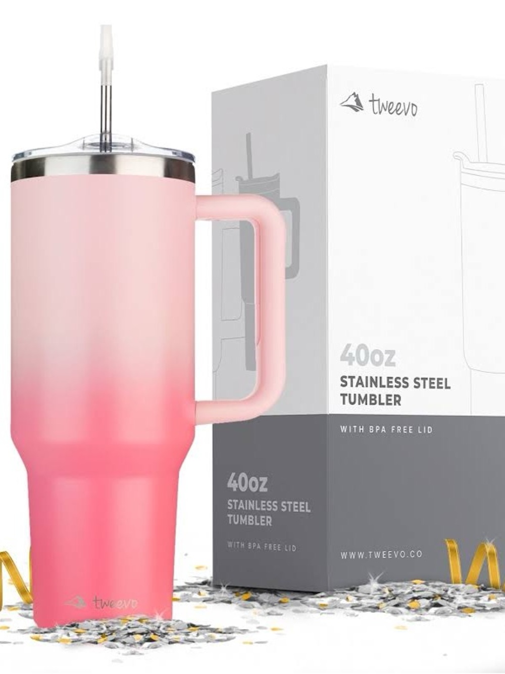 Tweevo 40 oz Tumbler with Handle and Straw - Misty Pink, NIB